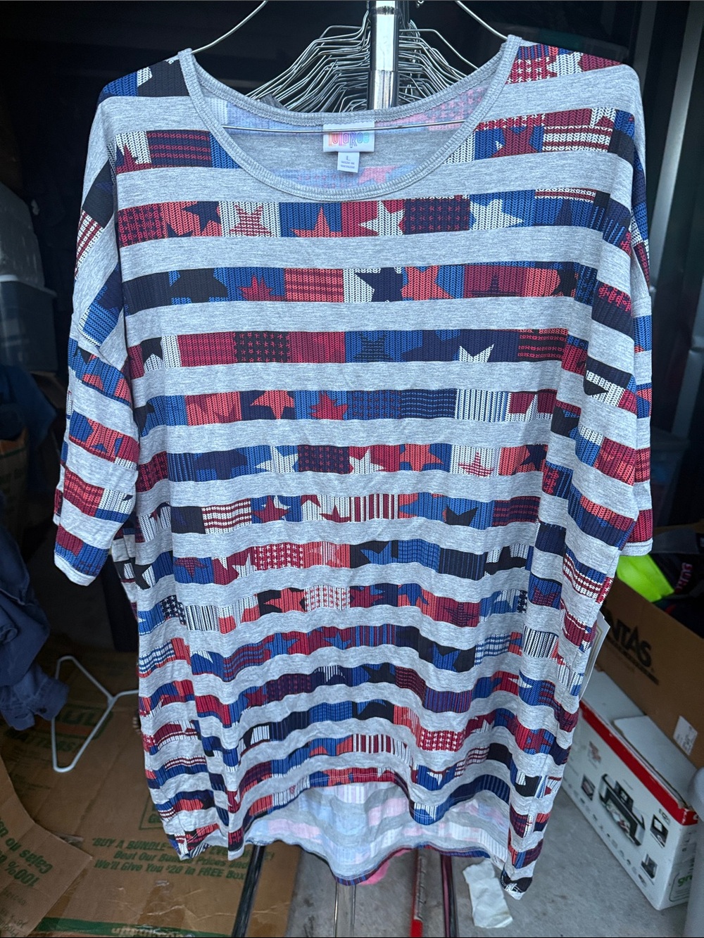 LuLaRoe Red Navy Blue White Striped Star Short Sleeve Top